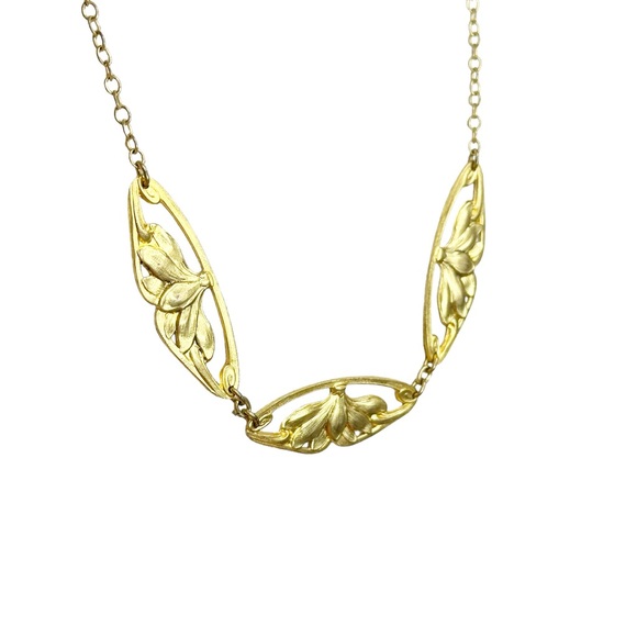 Vintage Art Nouveau Gold Tone Lotus Necklace - Picture 3 of 7